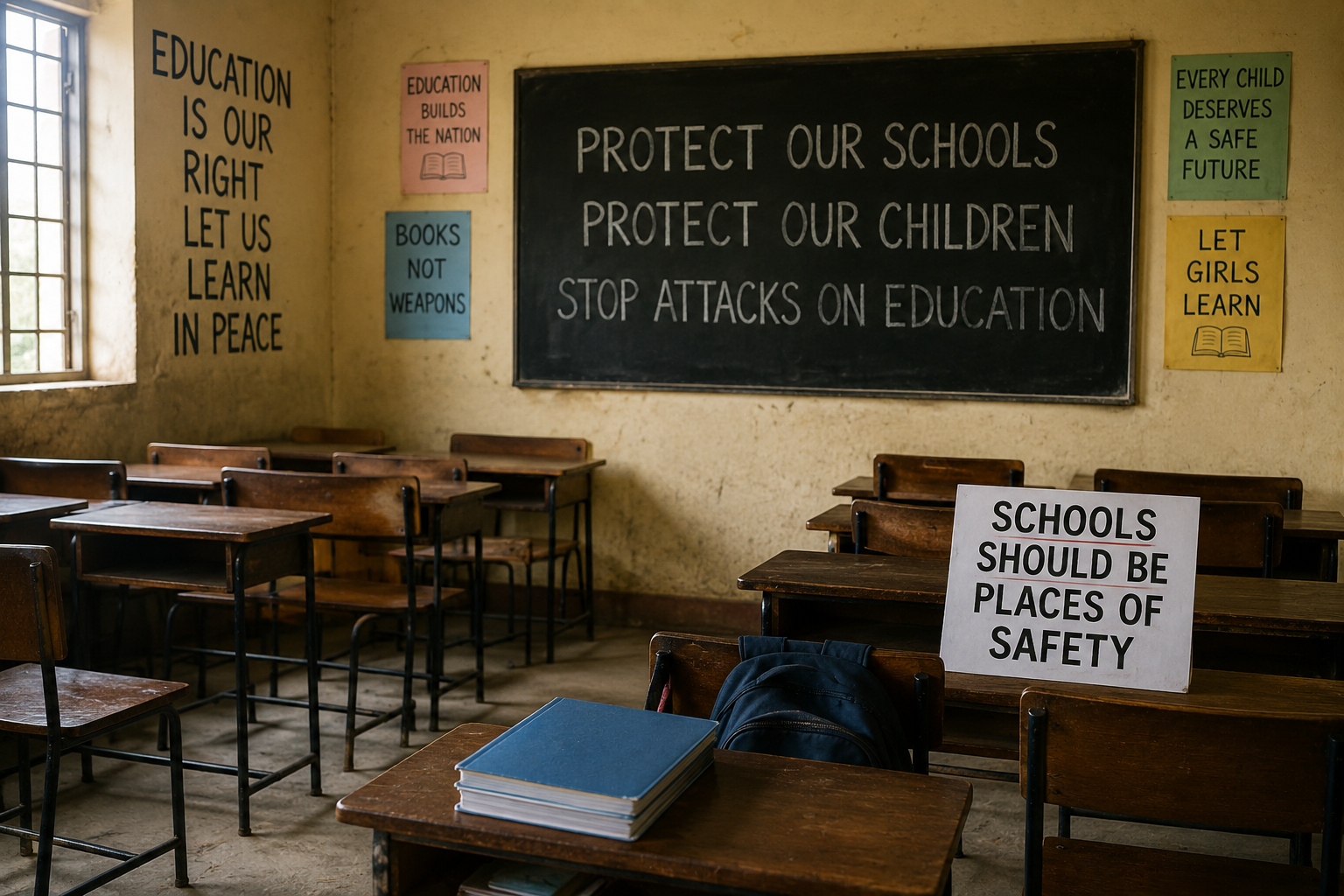 Empty Nigerian classroom with school desks, books and messages calling for the protection of schools and children’s right to safe education.