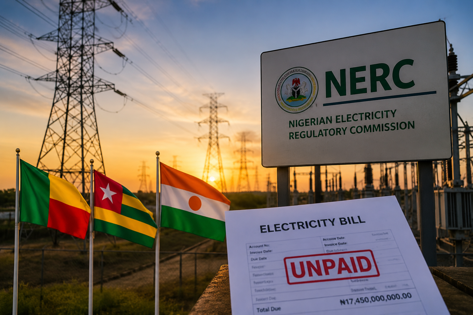 Electricity transmission infrastructure with the flags of Benin Republic, Togo and Niger Republic beside an unpaid electricity bill.